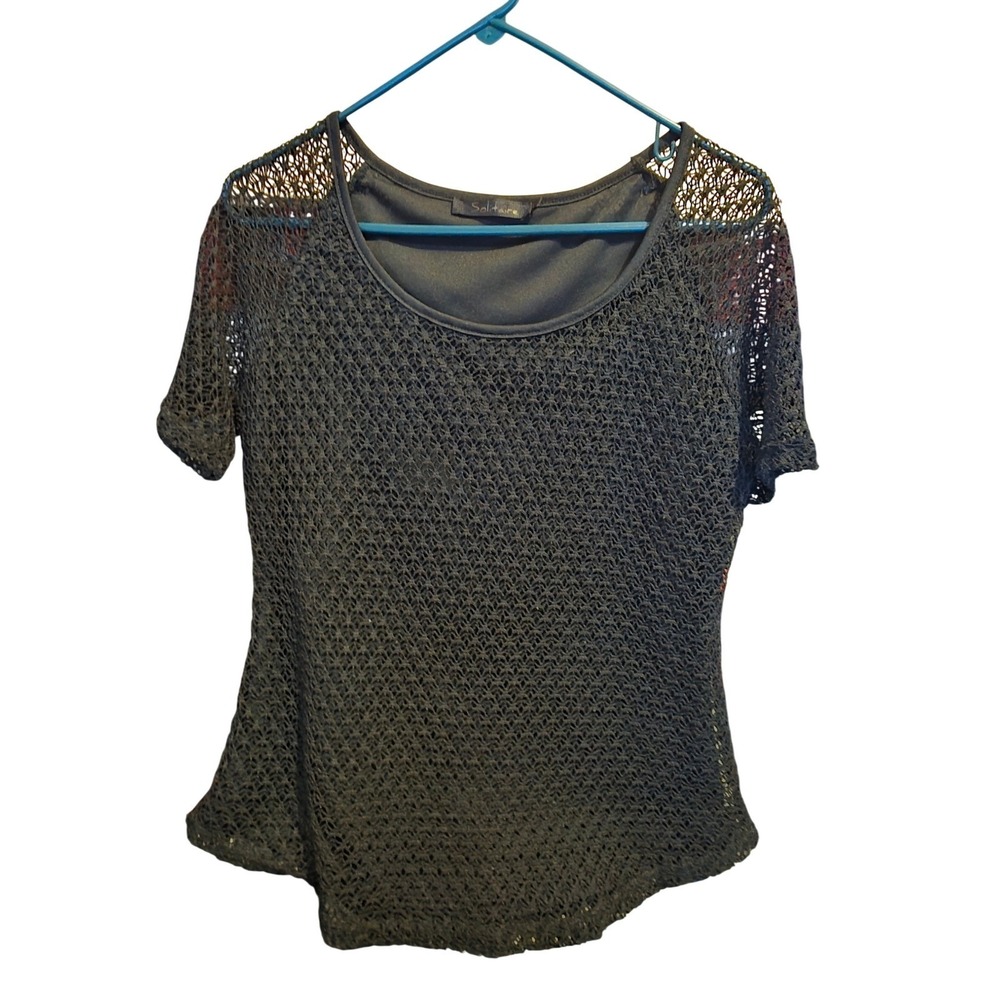 Solitaire Black Lace Short Sleeve Top Cottagecore Coquette S Womens Pullover